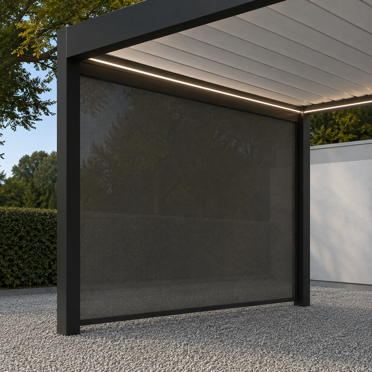 Motorised Carport Side Screen | Fiano Motorised Screen | Somfy IO Motor | Zip-Style | Anthracite Fabric | Compatible with Pinela Range