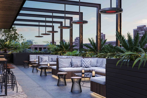 Bromic Eclipse Smart-Heat Electric ceiling mounted above a terrace bar | Roma Verandas