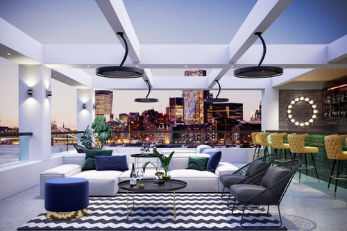 Bromic Eclipse Ceiling Poles on a curved pole above a hotel terrace | Roma Verandas
