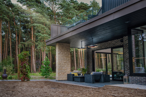 Bromic Eclipse Smart-Heat Electric pendant mounted in a UK garden room | Roma Verandas