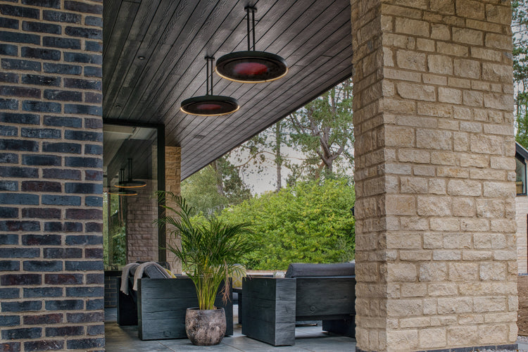 Bromic Eclipse Smart-Heat Electric pendant mounted under a UK veranda | Roma Verandas