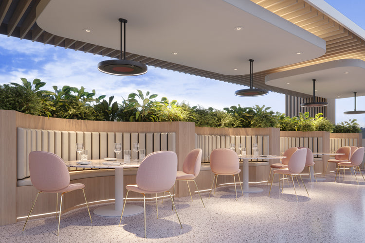 Bromic Eclipse Smart-Heat Electric on a twin pole above a commercial terrace | Roma Verandas