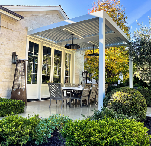 Bromic Eclipse Smart-Heat Electric on a twin pole in a residential setting | Roma Verandas