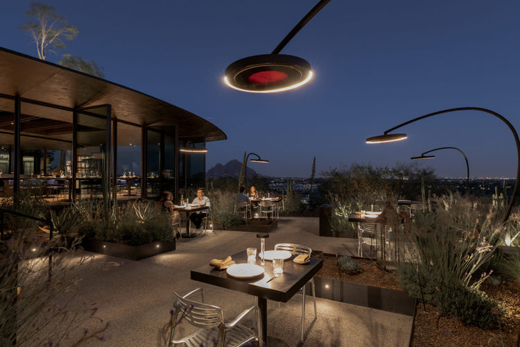 Bromic Eclipse Smart-Heat Portable lighting and heating a terrace at dusk | Roma Verandas