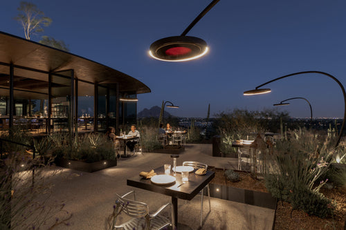 Bromic Eclipse Smart-Heat Portable lighting and heating a terrace at dusk | Roma Verandas