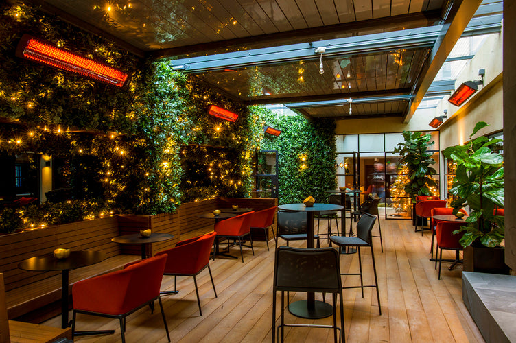 Bromic Tungsten Smart-Heat Electric on a restaurant terrace in Marylebone, London | Roma Verandas