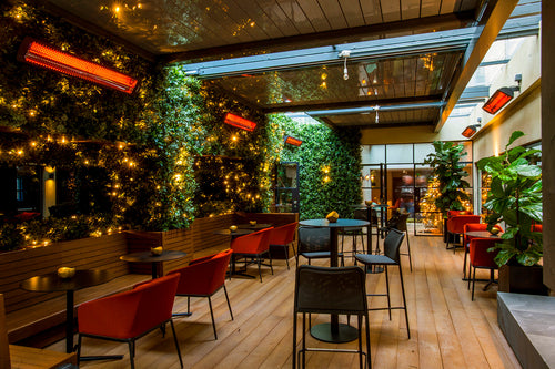 Bromic Tungsten Smart-Heat Electric on a restaurant terrace in Marylebone, London | Roma Verandas