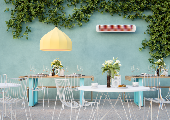 Bromic Tungsten Smart-Heat Electric in white on a commercial installation | Roma Verandas