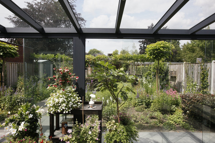 Garden with a glasshouse structure, featuring plants and flowers under a clear sky.