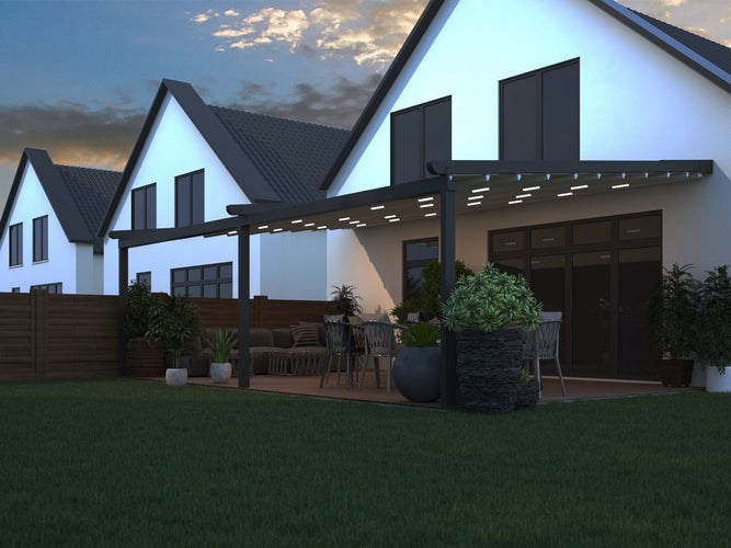 Aluminium Folding Roof Veranda | Deponti Verdeca | Retractable Waterproof Fabric Roof | Integrated LED | Concealed Drainage Through Posts