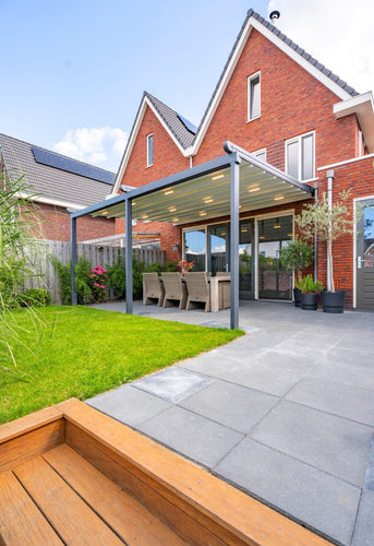 Aluminium Folding Roof Veranda | Deponti Verdeca | Retractable Waterproof Fabric Roof | Integrated LED | Concealed Drainage Through Posts