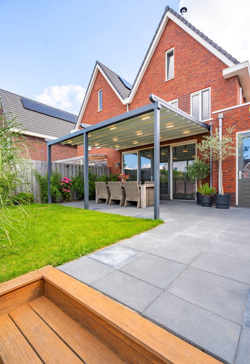 Aluminium Folding Roof Veranda | Deponti Verdeca | Retractable Waterproof Fabric Roof | Integrated LED | Concealed Drainage Through Posts