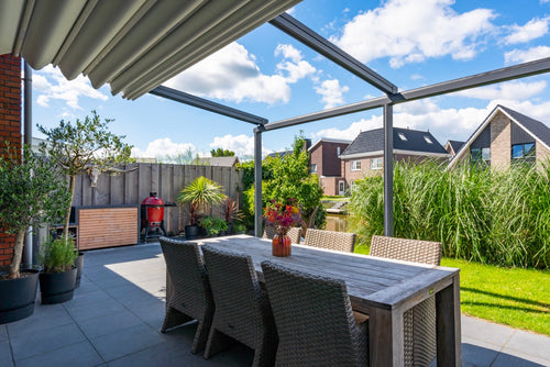 Aluminium Folding Roof Veranda | Deponti Verdeca | Retractable Waterproof Fabric Roof | Integrated LED | Concealed Drainage Through Posts