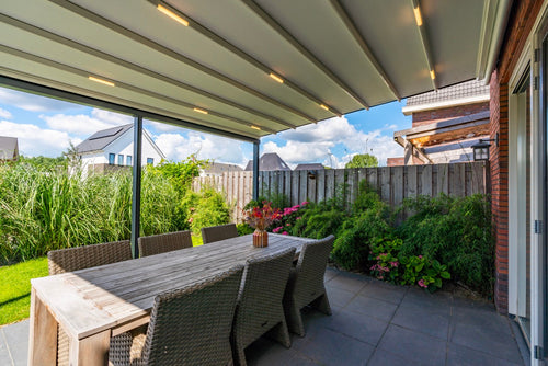 Aluminium Folding Roof Veranda | Deponti Verdeca | Retractable Waterproof Fabric Roof | Integrated LED | Concealed Drainage Through Posts