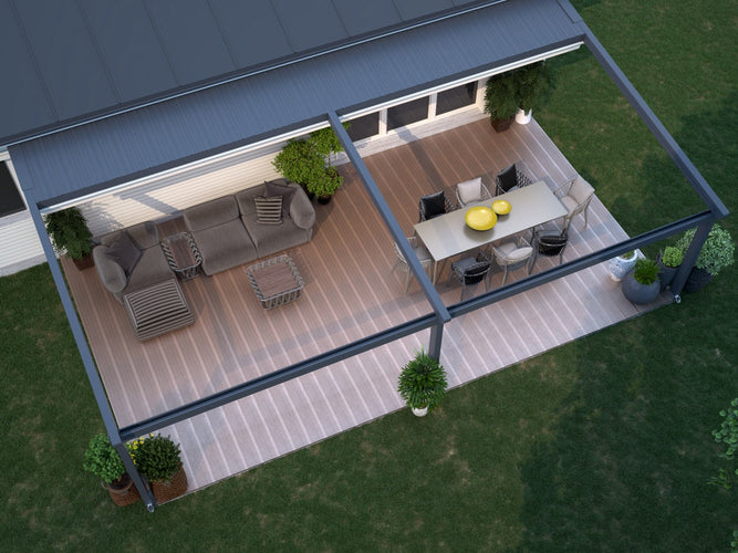 Aluminium Folding Roof Veranda | Deponti Verdeca | Retractable Waterproof Fabric Roof | Integrated LED | Concealed Drainage Through Posts