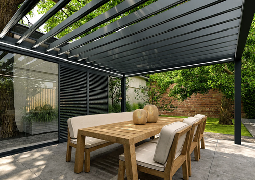 Motorised Louvred Pergola | Deponti Pinela Delight | Slimline Tilting Louvres | Smooth Light & Shade Control | Elegant Outdoor Living