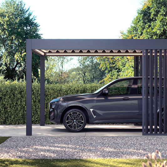 The Riposo carport in anthracite showing clean cubist profile and integrated gutter
