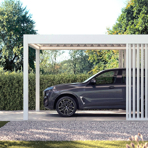 Riposo carport in white with anti-condensation steel roof on a modern driveway