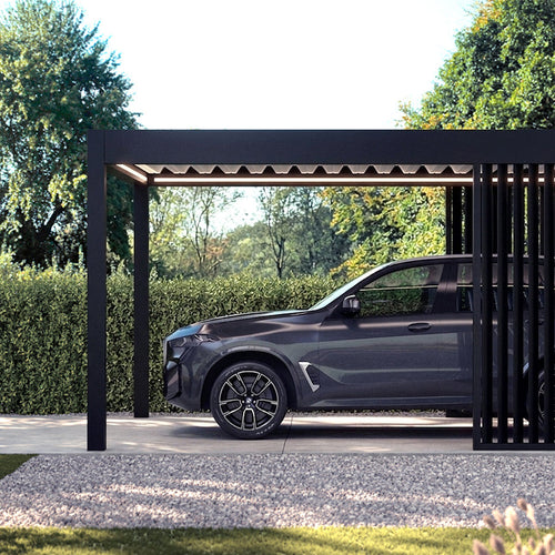 The Riposo carport in black with integrated LED lighting covering a parked vehicle