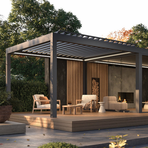 Deponti Pinela Delight motorised louvred pergola in anthracite with louvres angled for shade