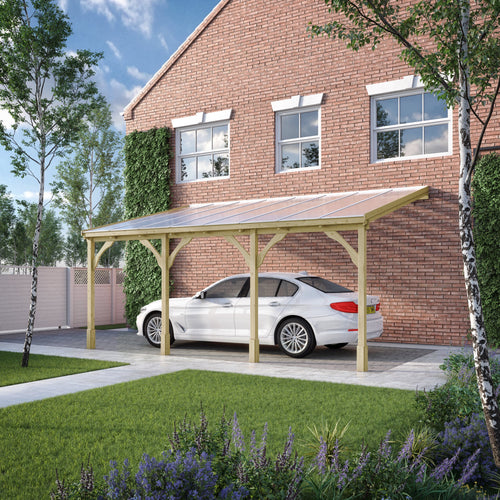 Wall Mounted Polycarbonate Roof Carport | Timber | Multiple Sizes