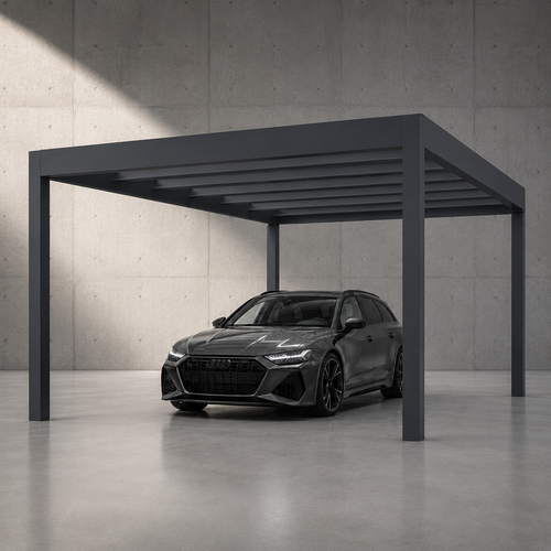 The Rimessa carport in anthracite from above showing polycarbonate roof panel layout