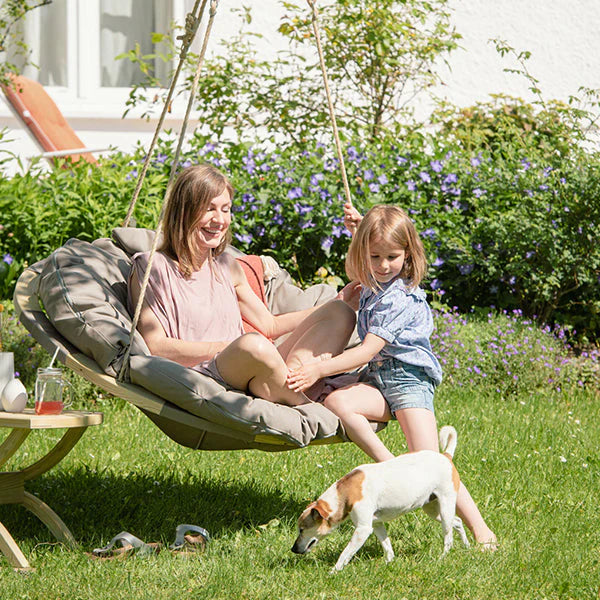 swing nest hanging chair taupe lifestyle exterior view — view 2