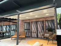 Aluminium Folding Roof Veranda | Deponti Verdeca | Retractable Waterproof Fabric Roof | Integrated LED | Concealed Drainage Through Posts